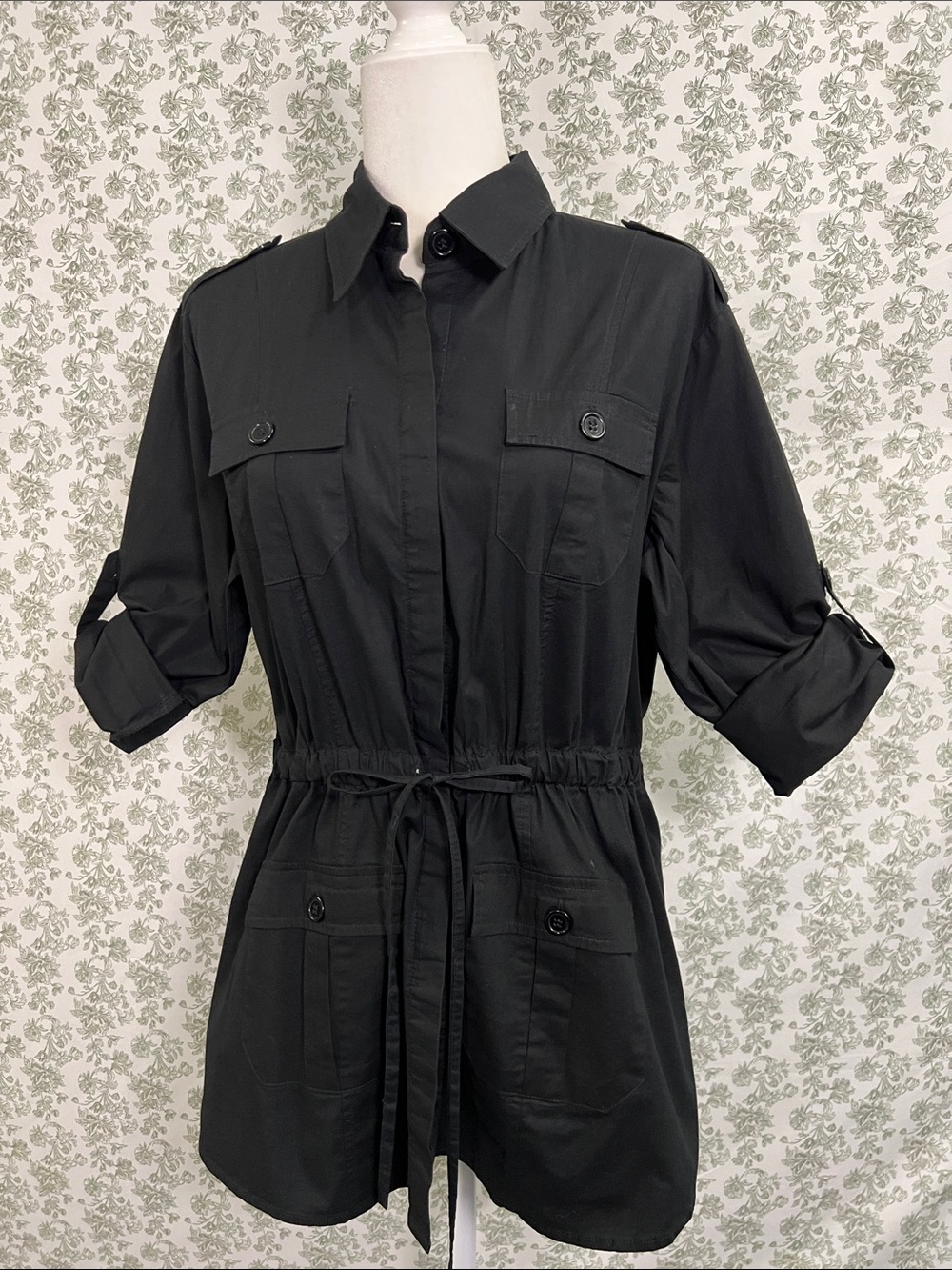 Harvé Benard Black Utility Safari Jacket Coat, Size L